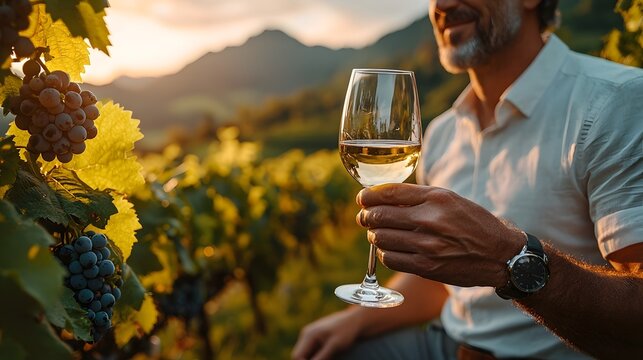 A mature man holding a glass of white wine in a sun drenched vineyard during golden hour surrounded by grapevines and rolling hills
