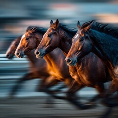 Naklejka premium Powerful Horses Galloping with Speed and Motion Blur on a Race Track