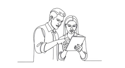 Continuous line drawing of two young business people working together on a tablet, discussing project details.