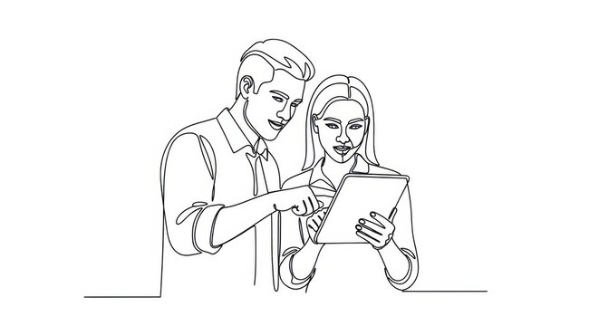 Continuous line drawing of two young business people working together on a tablet, discussing project details.