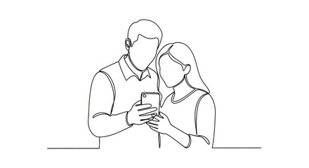 Couple sharing phone, looking at screen, modern technology, communication.