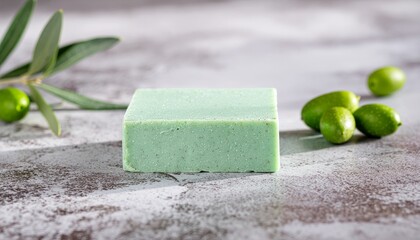 Homemade pastel green soap on cream marble surface, green olives and olive leaves.