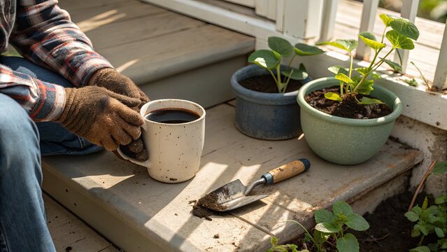 Gardening break: relaxing with coffee after planting flowers and plants in springtime pots