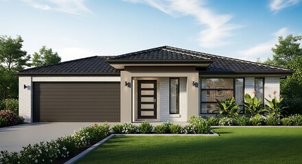 Modern single-story house design with garage and lush landscaping on a sunny day