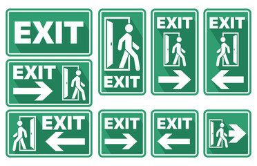 Exit door green signs set with man silhouette and arrow. Vector template on transparent background