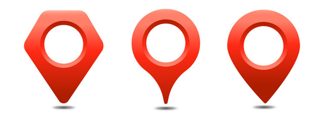 Set of glossy red gradient vector icons. Map pin, marker location realistic icons