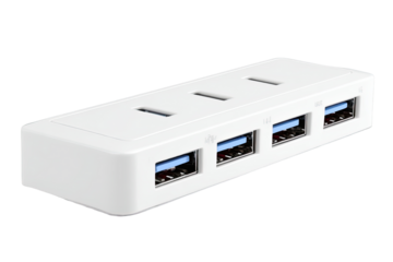 White USB hub, four ports, desk, technology background