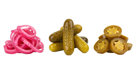 Pickles, pickled onions, and jalapenos isolated on transparent background