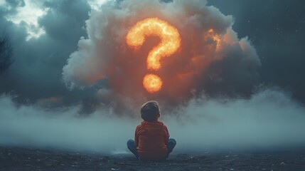 A child sits in the fog gazing at a fiery question mark cloud in the dark sky