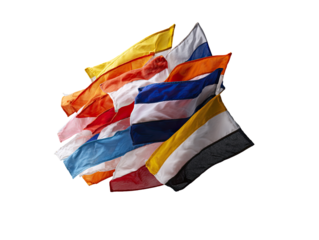 Several national flags overlapping and swirling in motion against a black background