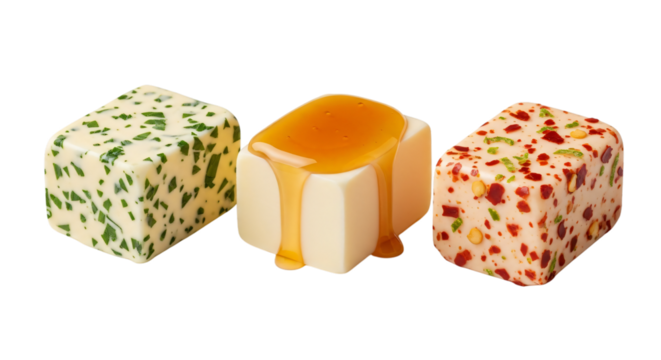 Three cubes of butter with herbs and spices isolated on white isolated on transparent background