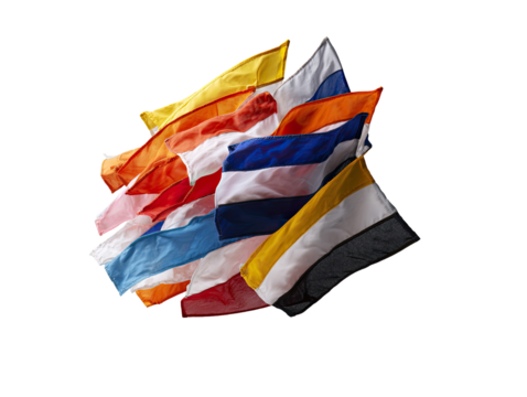 Several national flags overlapping and swirling in motion against a black background