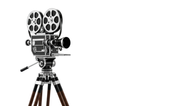 Vintage matte black and silver film camera with rotating reels on dark wooden tripod, soft studio light, white background, copy space right, nostalgia for cinematic history