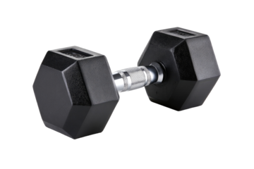Black hex dumbbell, isolated on black background.  Durable,  weightlifting tool