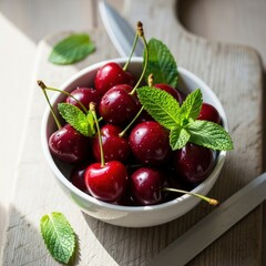 Fresh, ripe red cherries with water droplets and green mint leaves in a white bowl on a wooden board, bathed in natural light. A vibrant and healthy snack.