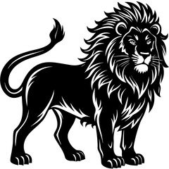 Majestic black lion silhouette standing proudly with a full mane and tail against a white background