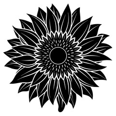 Fototapeta premium Stylized black and white silhouette of a sunflower with radiating petals and a detailed center on a white background