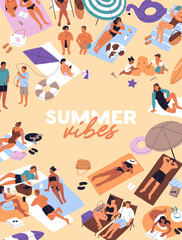 Postcard design with people sunbathing on sand beach. Poster with crowd of tourists getting sun tan on coast at sea resort. Friends, men and women relax on summer vacations. Flat vector illustration
