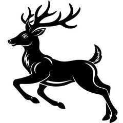 Majestic black stag with large antlers in a dynamic leaping pose against a white background