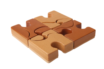 Four interlocking light beige and tan wooden puzzle pieces forming a square