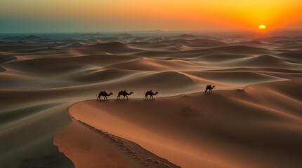 Golden Caravan Crossing Desert Dunes at Sunset