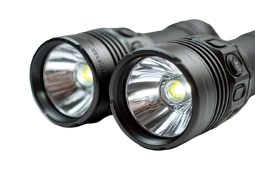 Two high-powered LED flashlights, close-up view.  Bright, focused beams.  Dark background
