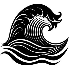 Stylized black and white illustration of a powerful ocean wave cresting with dynamic swirling lines and water ripples