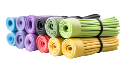Rolled-up exercise mats in various colors, stacked neatly