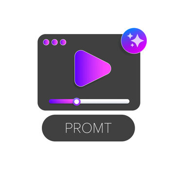 AI video generator black icon with screen, play button isolated on white background. Text to video ai bot logo. Artificial intelligence video maker modern symbol and icon