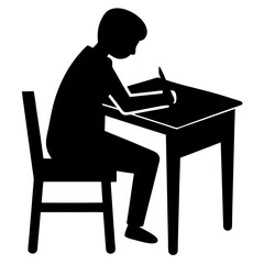 Fototapeta premium Silhouette of a person sitting at a desk writing with a pen symbolizing education and learning