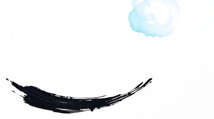 Minimalist Abstract Design with Curved Black Brushstroke and Ethereal Blue Watercolor on White Background