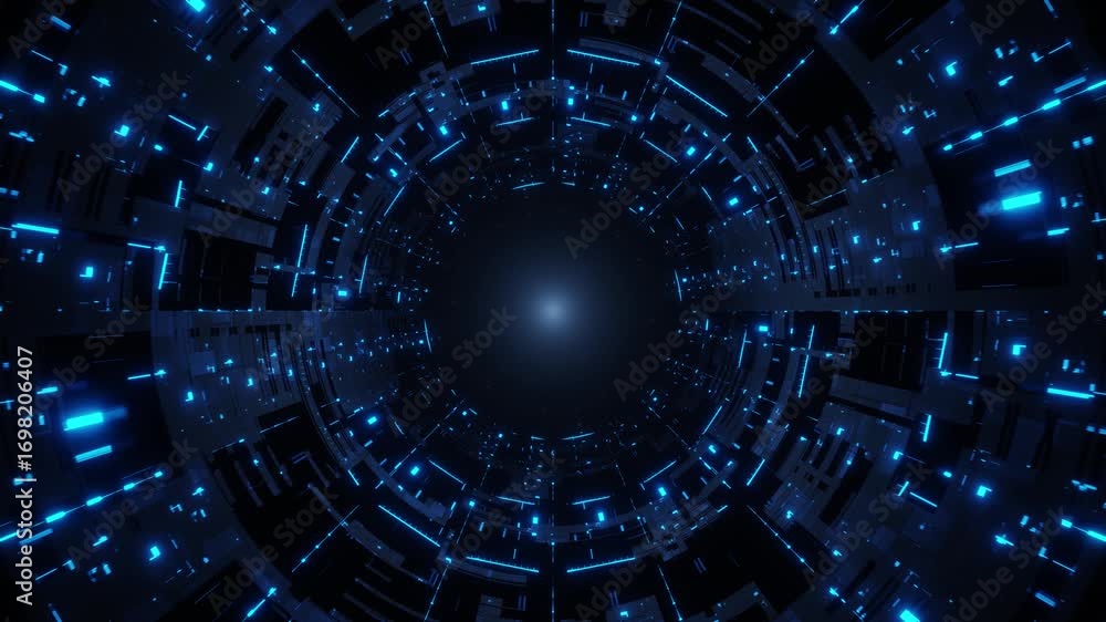 Poster techno portal glowing blue cyber tunnel motion background loop