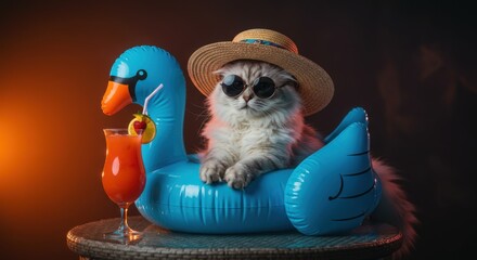 A Stylish Sunglass Cat Relaxing on a Pool Float Under the Summer Sun