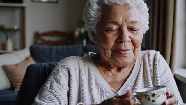 An older woman holding cup of tea. Woman relaxing in the tea room. A home with a casual introspection and a mood. An elderly woman with a mug of tea lifestyle. - Powered by Adobe