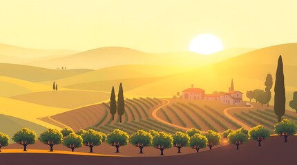 Stylized Sunset Countryside Landscape with Rolling Hills, Vineyards, and Tuscan Architecture