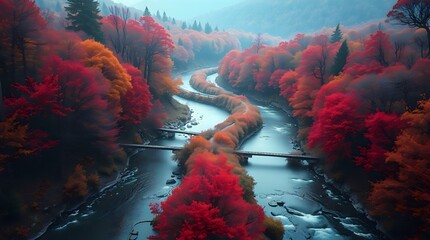 Winding River Through Misty Autumn Forest with Vibrant Foliage and Narrow Bridge