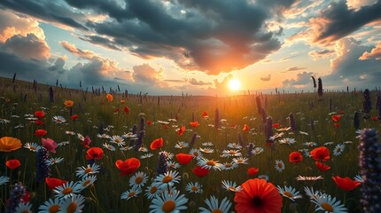 Colorful Wildflower Meadow at Sunset with Dramatic Sky and Blooming Poppies, Daisies, and Lupines