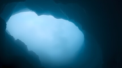 Dark Cave Interior with Bright Blue Light at Tunnel Exit