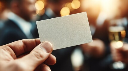   A close-up image of a person holding a piece of paper with a business card in their hand