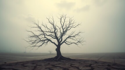 Solitary Tree in Cracked Earth &ndash; Eerie Minimalism in Foggy Drought Landscape