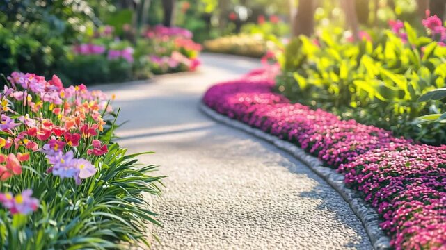 A winding path surrounded by colorful flowers invites a peaceful stroll through a thriving garden filled with lush greenery