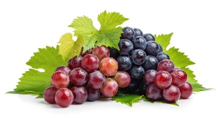 Fototapeta premium Fresh red and dark grapes with vibrant green leaves and sparkling water droplets, isolated on a clean white background. A healthy and delicious fruit selection.