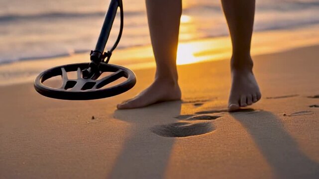  una persona an&oacute;nima y gen&eacute;rica, sin rasgos faciales definidos, descalza en la playa al atardecer. La persona camina sobre la arena mientras utiliza un detector de metales para buscar objetos.