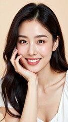 Fototapeta premium Captivating portrait of a radiant young Asian woman with a joyful, confident smile and beautiful long dark hair, exuding happiness and natural beauty in a bright, optimistic studio setting