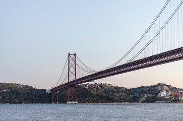 Close-up of 25 de Abril Bridge over the Tagus at dusk, Lisbon