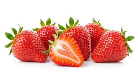 Fresh, ripe red strawberries, one cut in half, showcasing their juicy texture on a clean white background. Perfect for healthy eating concepts.