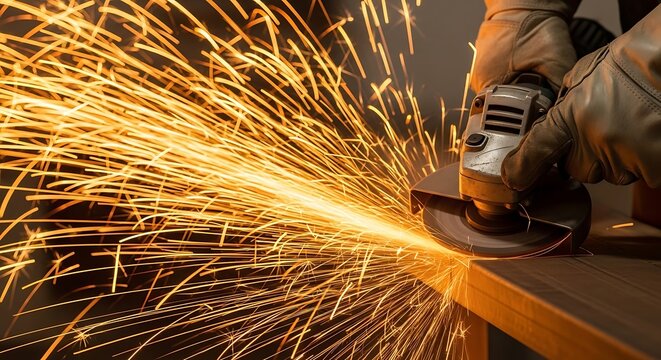 Intense sparks flying from angle grinder working metal sawing metal fabrication industrial process close up - Powered by Adobe