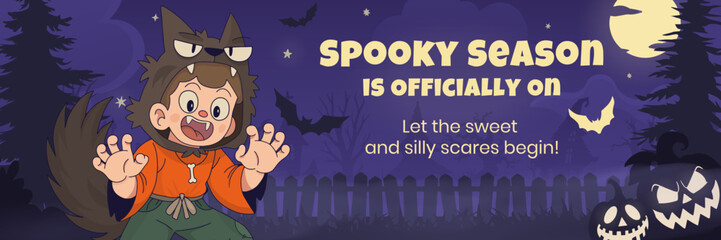 Fototapeta premium Cute Werewolf Kid Banner – Spooky Season Halloween Design