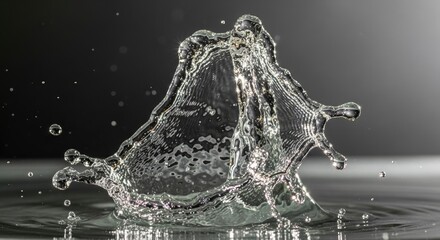 Dynamic high-speed capture of a water splash, frozen in time, creating an abstract, sculptural form with glistening droplets and sparkling reflections against a dark background.