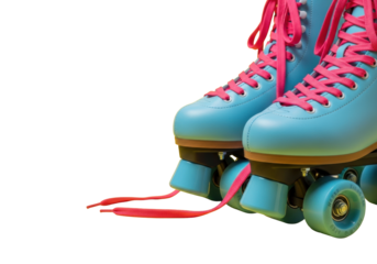 Pair of vibrant light blue retro roller skates with bright pink untied laces on a clean seamless bright yellow background, studio shot. Nostalgic playful fun and active lifestyle concept